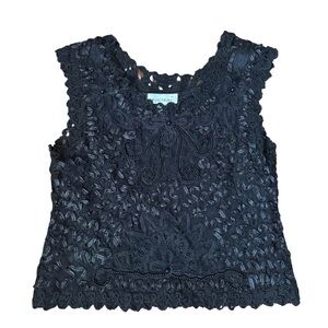 SM COLLECTION Black Lace Blouse Intricate Beaded Detail Women’s Petite Medium